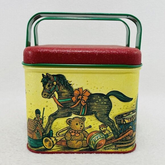 Vintage Potpourri Christmas Tin Box Storage Trinket 5” Container Red Handle Girl - Picture 3 of 10